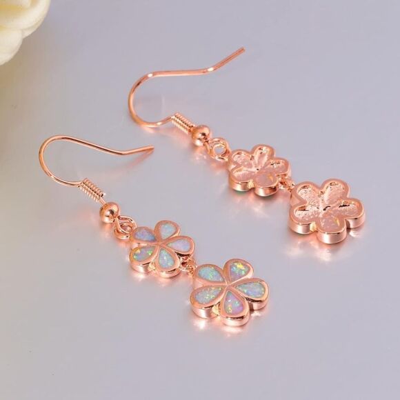 18K Rose Gold with Genuine Pink Fire Opal Double Flower Dangling Hook Earrings - Picture 3 of 5